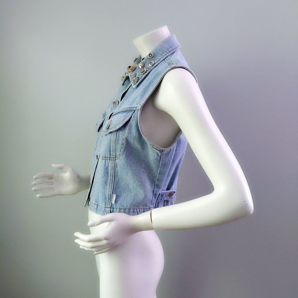 Vintage 90s Old Navy Bespoke OOAK Studded Collar Denim Vest M - Picture 5 of 7